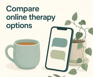 tea mug + phone with chat bubbles, 'Compare online therapy options'