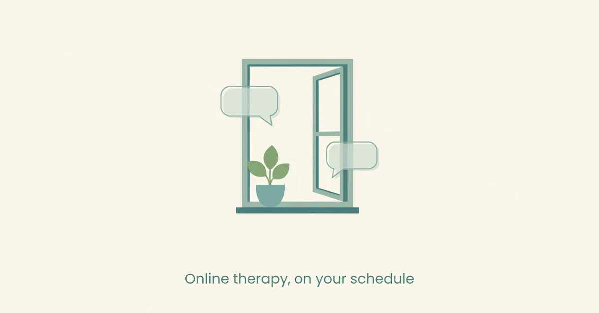open window, potted plant, speech bubbles, 'Online therapy, on your schedule'